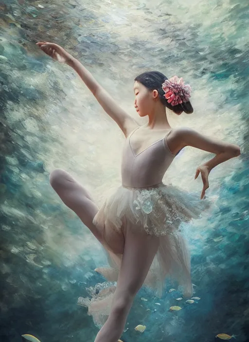 Image similar to stunningly beautiful, asian prima ballerina at the bottom of the great barrier reef, smooth, focus, highly detailed, hyper realistic, dramatic lighting, elegant, intricate, concept art, art by wlop, mars ravelo, greg rutowski