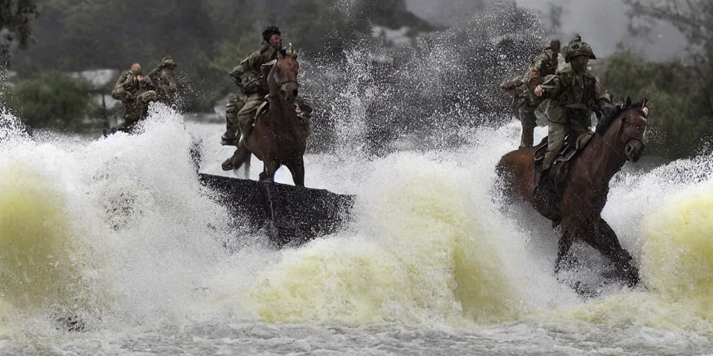 Image similar to extreme, wild water waves foam forms attacking horses, army of horsemen