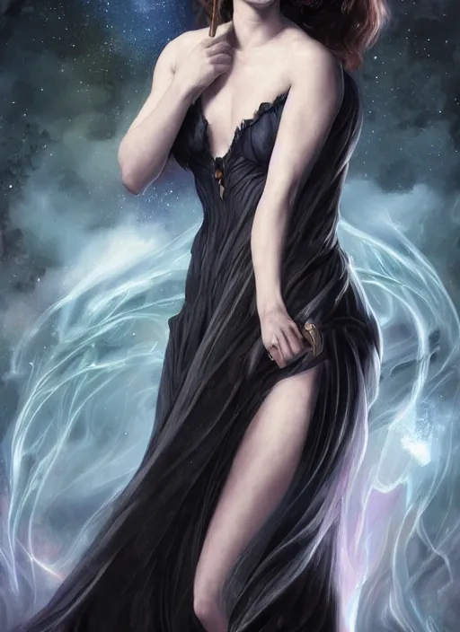 Image similar to emma watson as dark magic celestial, long hair, black and transparent cloth, space, D&D, shiny background, intricate, elegant, highly detailed, digital painting, artstation, concept art, smooth, sharp focus, illustration, artgerm, bouguereau