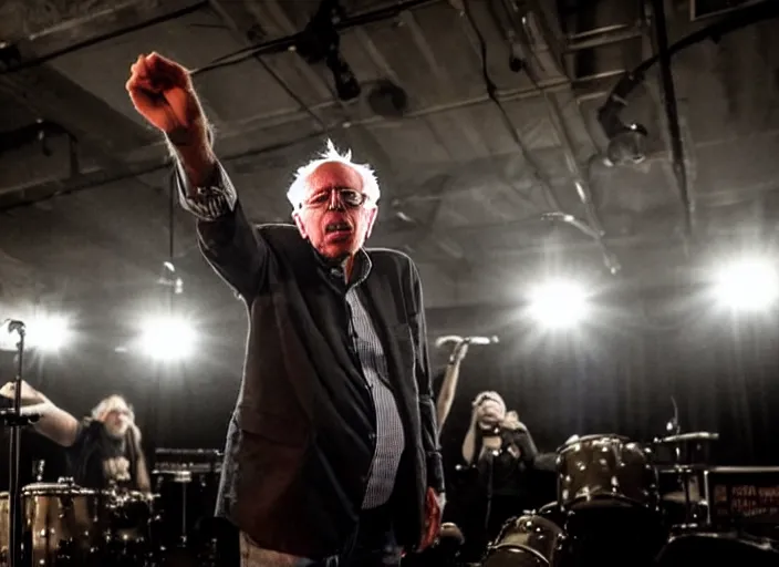 Image similar to publicity photo still of bernie sanders in a punk band playing live on stage, 8 k, live concert lighting, mid shot