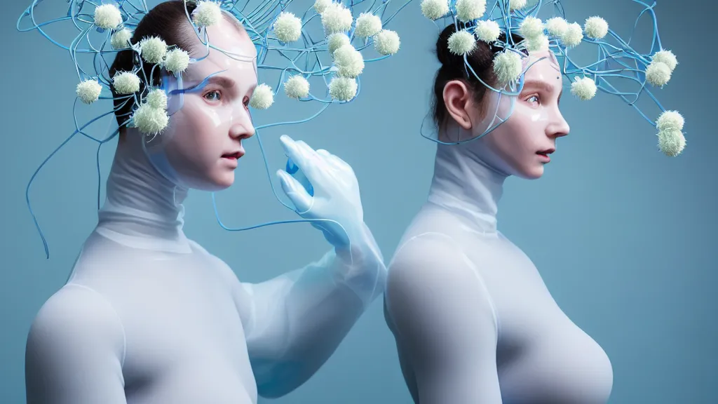 Prompt: symmetrical portrait of a woman wearing a blue embroidered translucent silicone mask and white frizzy hair buns, wearing a black bodysuit, standing in a sterile room full of translucent silicone white flowers and plants, white background, soft diffused light, biotechnology, humanoide robot, futuristic aesthetic, translucent, ethereal, intricate details, highly detailed, masterpiece,