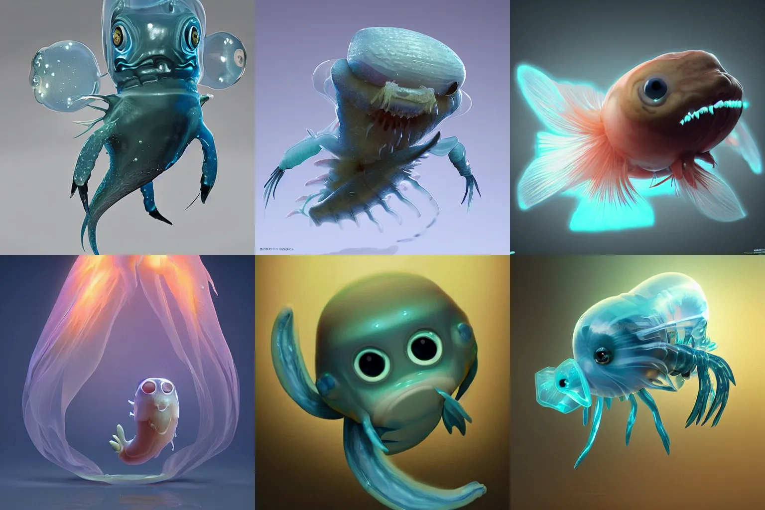 Prompt: cute! ghost shrimp, Barreleye fish, translucent SSS xray, Barreleye, rimlight, jelly fish dancing, fighting, bioluminescent screaming pictoplasma characterdesign toydesign toy monster creature, zbrush, octane, hardsurface modelling, artstation, cg society, by greg rutkowksi, by Eddie Mendoza, by Peter mohrbacher, by tooth wu