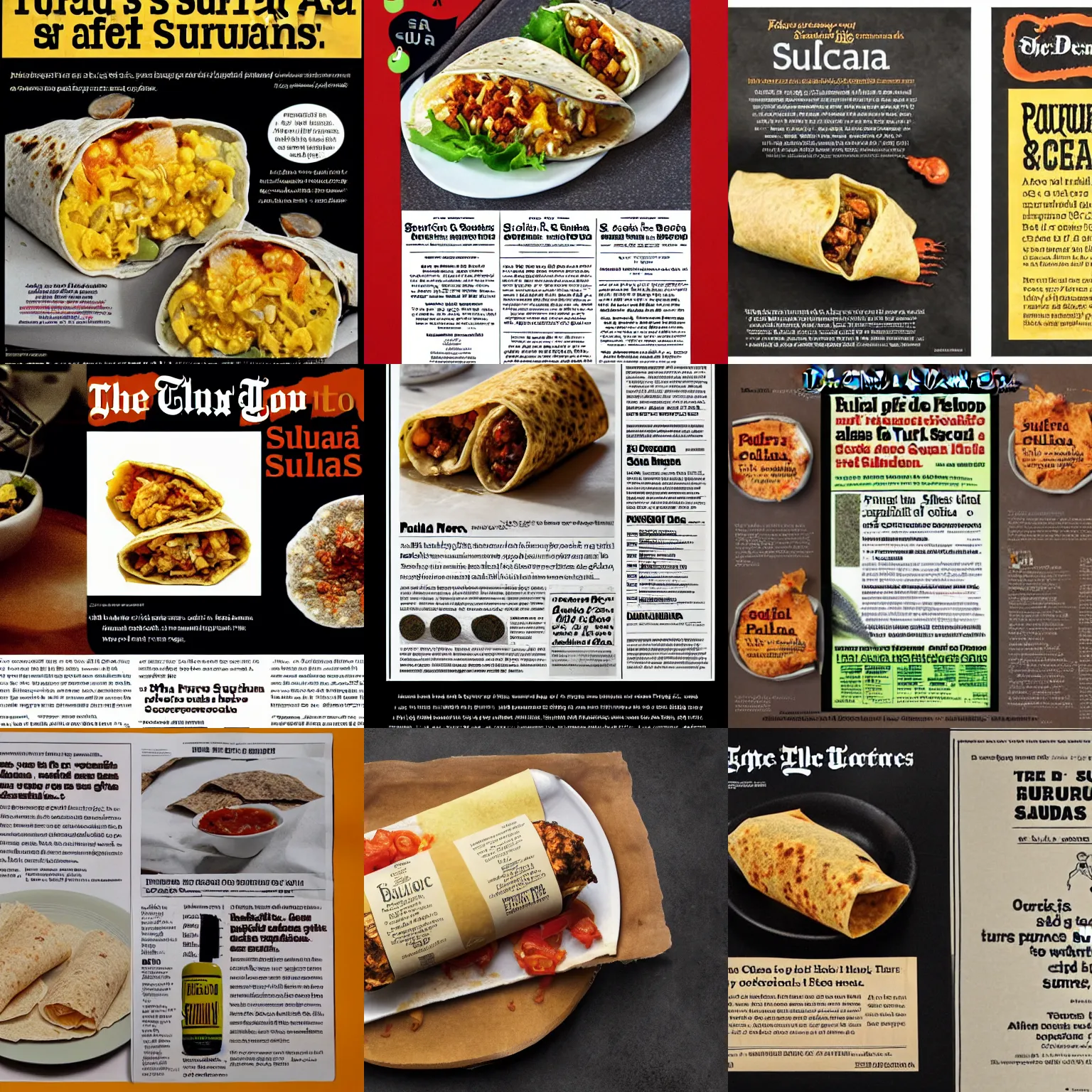 Prompt: paula deens famous sulfuric acid and scorpions breakfast burrito, a fullpage ad in the new york times