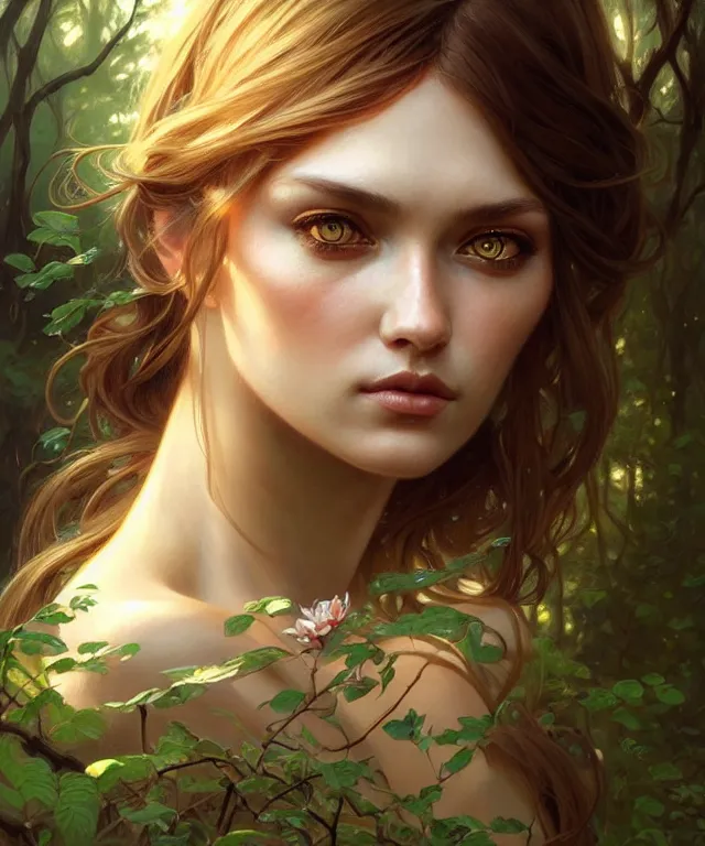 Image similar to Forest nymph woman portrait, amber eyes, face, long hair, fantasy, intricate, elegant, highly detailed, digital painting, artstation, concept art, smooth, sharp focus, illustration, art by artgerm and greg rutkowski and alphonse mucha