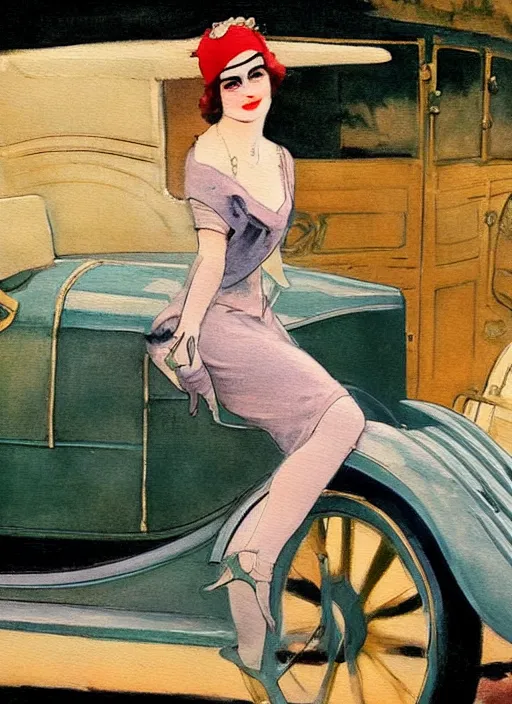 Image similar to a painting of a woman posing in front of a 1920's car by Louis Icart, highly detailed, masterpiece, trending on ArtStation, ultra realistic