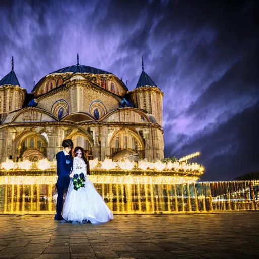 Image similar to A couple getting married in a venue, with a majestic Ottoman palace in the background, at night, well lit sky, close up shot on the couple, luxury, luxurious wedding, Ottoman Empire era, gold, photorealistic, ultra-detailed, 4k high resolution, HDR shot