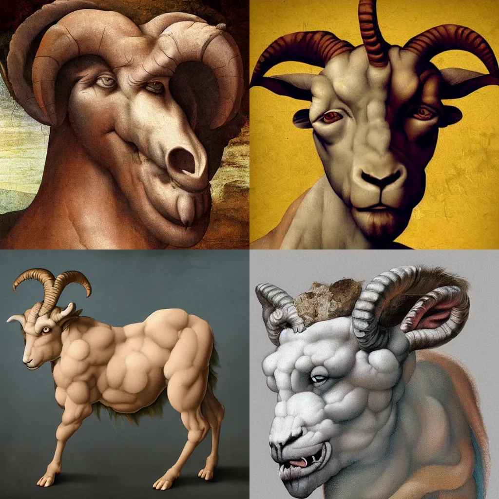 Prompt: half man half goat chimera, digital painting by Michelangelo and Leonardo Da Vinci
