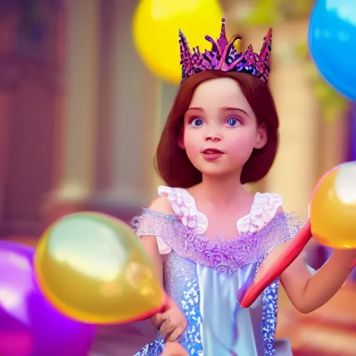 Image similar to a closeup photorealistic photograph of disney princess sophia at her birthday holding balloons and eating cake. brightly lit scene. this 4 k hd image is trending on artstation, featured on behance, well - rendered, extra crisp, features intricate detail, epic composition and the style of unreal engine.