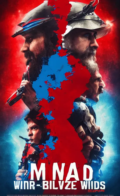 Prompt: a mind - blowing, epic movie poster, depicting a war between red and blue wizards, cinematic