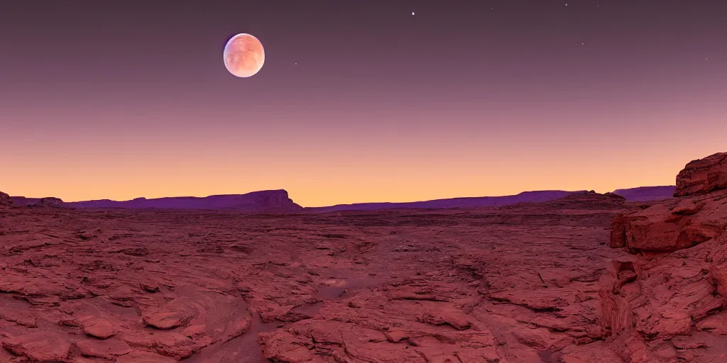 Image similar to a view looking out of a cave of a dried up river bend running through a canyon surrounded by desert mountains at sunset on mars, purple sky, two moons, planet mars, moab, utah, a tilt shift photo by frederic church, trending on unsplash, hudson river school, photo taken with provia, national geographic photo