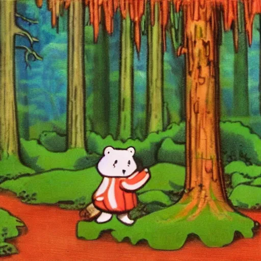 Image similar to magical forest, bear, trees, honey, 1 9 4 0 s cartoon, merry melodies, sharp focus