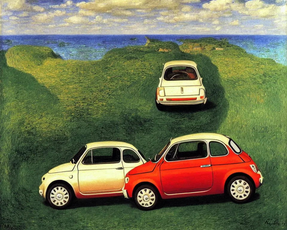 Image similar to achingly beautiful painting of a fiat 5 0 0 abarth by rene magritte, monet, and turner. whimsical.