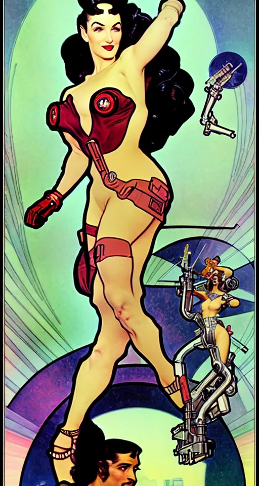 Image similar to a retro future science fiction pinup illustration of dita von teese, alphonse mucha, alberto vargas, gil elvgren, diesel punk.