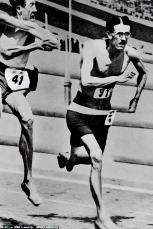 Prompt: Louis zamperini races against emperor Hirohito in the 400 meter,in the style of laurel and hardie