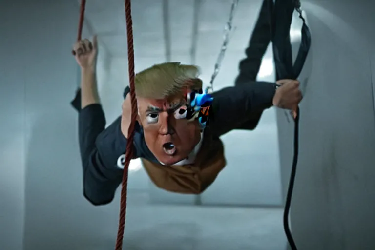 Prompt: movie still of donald trump in mission impossible hanging from a cable, cinematic, high detail, studio lighting