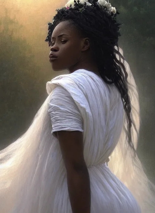 Image similar to oil painting close up portrait of a contemplative young black woman with long flowing hair in a white dress, wearing a crown of white roses!! at sunset, hazy, digital art, chiaroscuro, artstation, cinematic, golden hour, concept art, digital art painting by greg rutkowski, william - adolphe bouguereau, hazy atmosphere, cinematic lighting, flowers