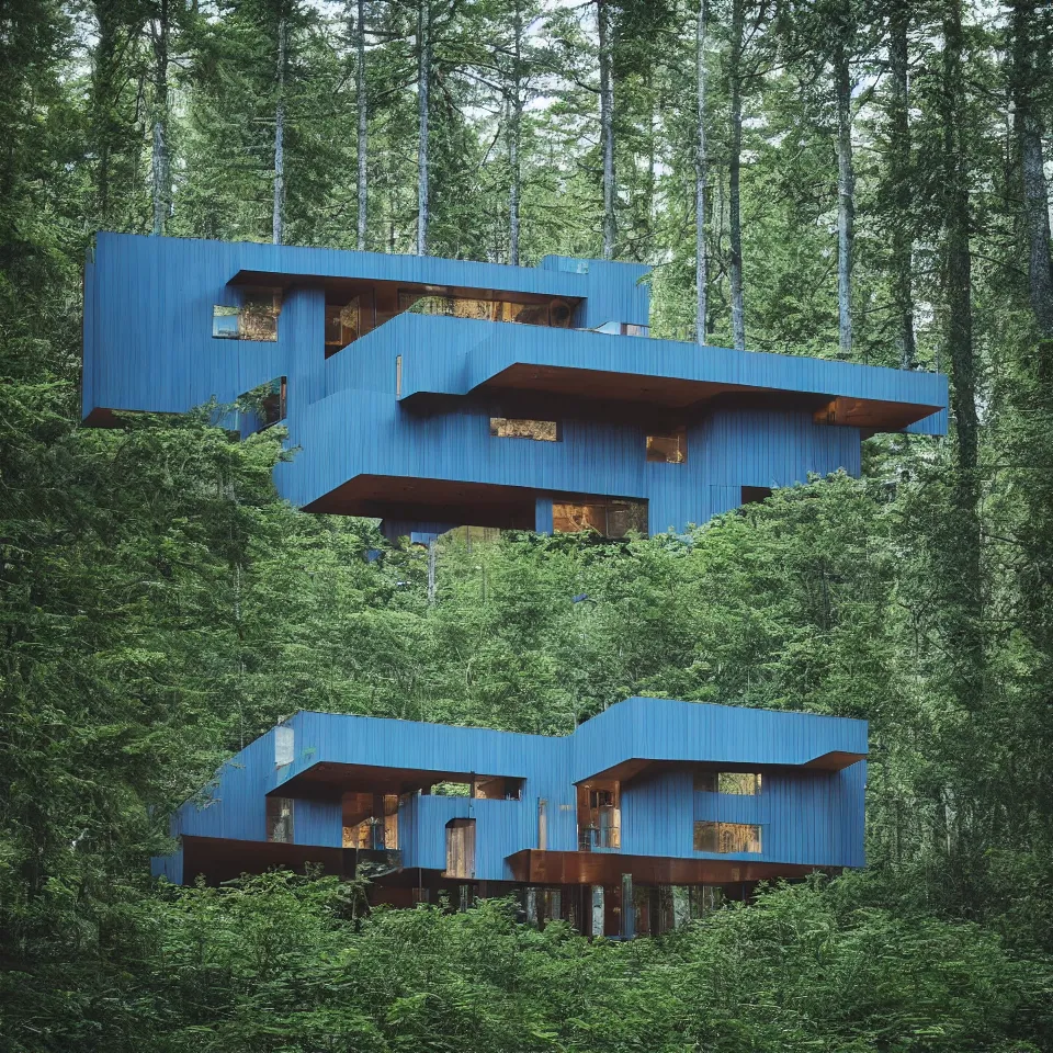 Image similar to architecture ad for a mid-century modern house in the forest, designed by Bjarke Ingels. Film grain, cinematic, colorized, blue hue