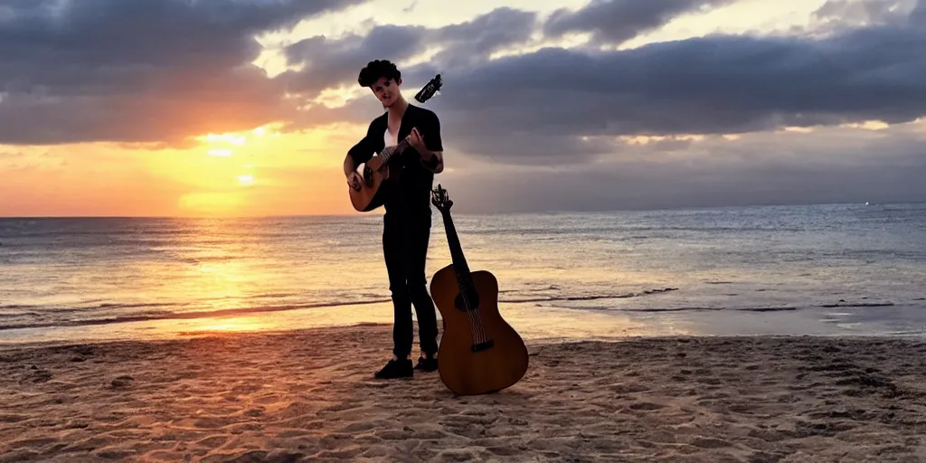 Prompt: Shawn Mendes en la playa tocando la guitarra at sunset