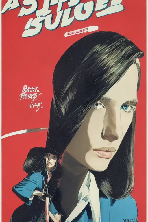 Prompt: A beautiful spy girl with a very stylish trenchcoat by Moebius, bob cut hair, movie poster