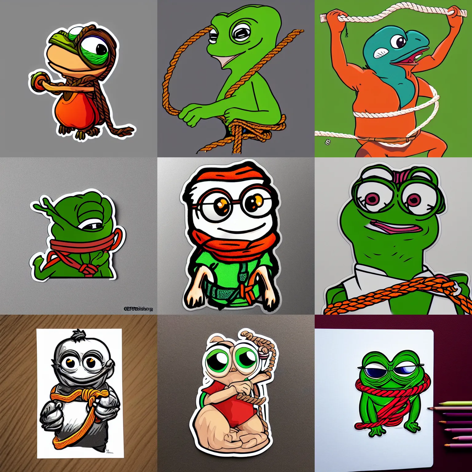 Image similar to a sticker illustration of pepe with a rope, highly detailed, carefully drawn, meme, artstation, artstationHQ, artstationHD, behance