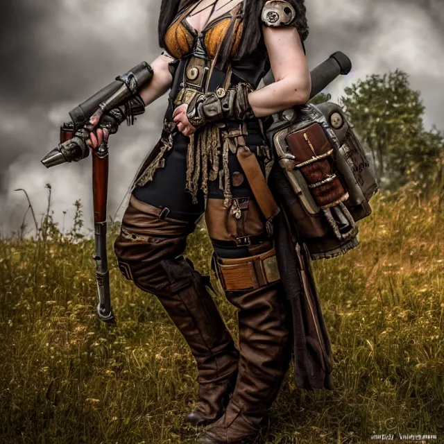 Image similar to full length photo of a very beautiful female dieselpunk warrior, 8 k, hdr, smooth, sharp focus, high resolution, award - winning photo