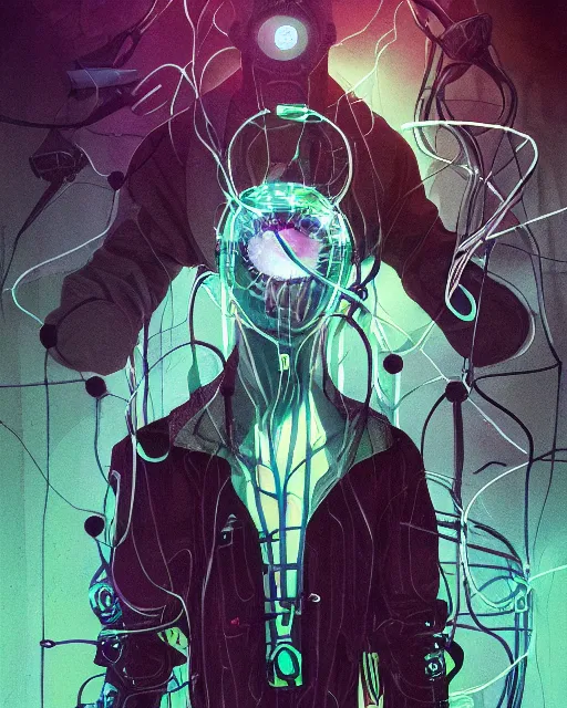 Image similar to eldritch cultist intertwined with technology, paranoia, wires, occult symbols, cyberpunk psychedelia, dark oil vibes, digital art, very detailed, colored, blotch watercolors, clean lines, artstation