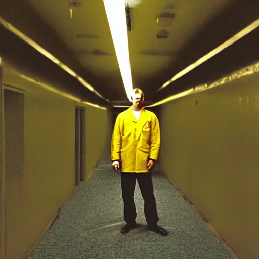 Image similar to flash low quality photograph of a male scientist wearing a lab coat standing lost in the backrooms, mono - yellow old moist carpet room, empty liminal space, very dark shadows, broken fluorescent lighting, horror movie scene, film grain