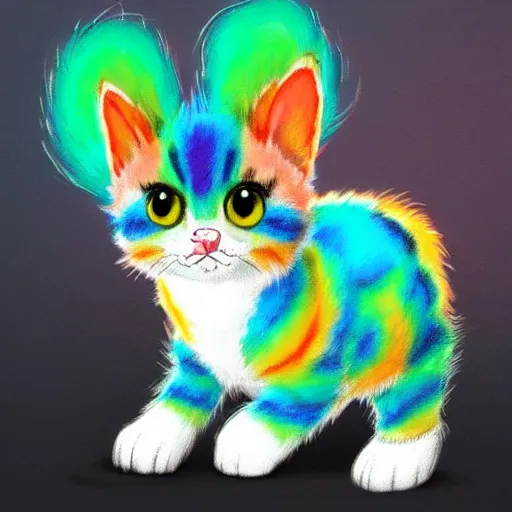 Image similar to wide angle full body, jacket wearing fluffy cute rainbow kitten wearing a black leather motorcycle jacket, concept art