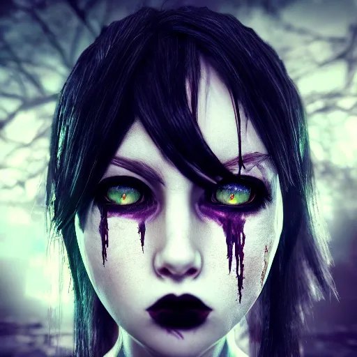 Image similar to photorealistic full shot portrait of angry darkness anime girl posing, gothic clothing, worrying eyes, inspired by Tim Burton, detailed, unreal engine 4k volumetric light, fog,