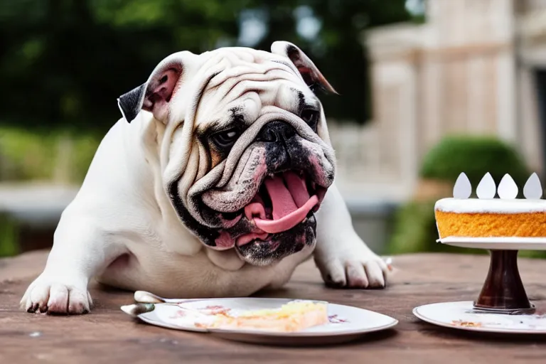 Image similar to an english bulldog wearing a crown and eating cake