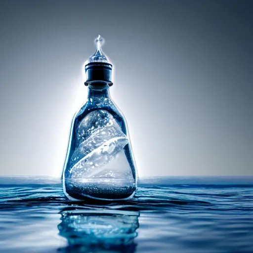 Prompt: a human head in a bottle shape water art manipulation, on the ocean water, futuristic, glowing, hyper realistic, ray tracing, realistic water splashes, sharp focus, long shot, 8 k resolution, cinematic, photoshop art