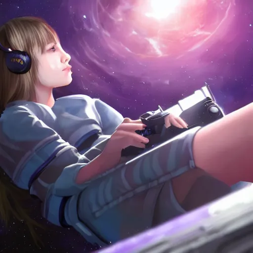 Prompt: really beautiful emo girl playing videogames in a space station in space, hyperdetailed