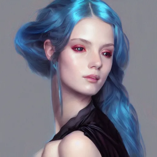 Image similar to portrait of ballerina wearing satin nightgown, blue hair, attractive, casual, modern, victoria's secret, highly detailed, digital painting, artstation, concept art, smooth, sharp focus, illustration, art by artgerm, greg rutkowski and alphonse mucha