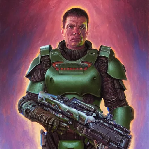 Image similar to The Doomguy, close-up Sci-Fi portrait art by Donato Giancola and James Gurney, digital art, trending on artstation