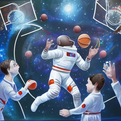 Prompt: astronauts playing basketball in space in front of an alien crowd, photorealistic, 4k, high detail