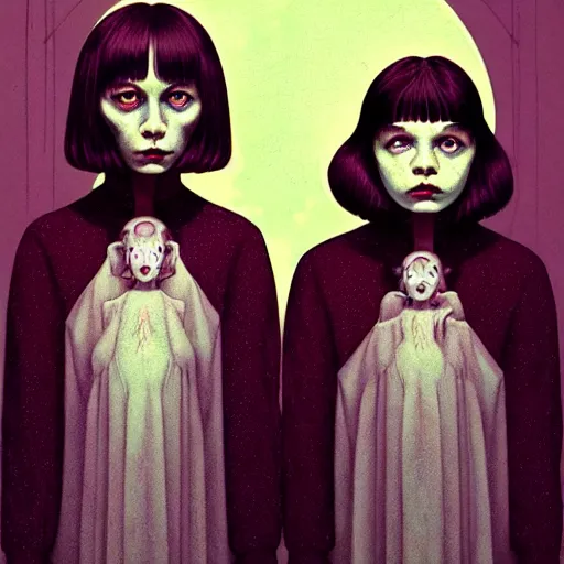 Image similar to creepy twins, dark background, backlit:: by Martine Johanna and Simon Stålenhag and Chie Yoshii and Casey Weldon and Guillermo del toro :: ornate, dynamic, particulate, intricate, elegant, highly detailed, centered, artstation, smooth, sharp focus, octane render, 3d