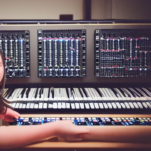 Prompt: a girl playing on modular synth professional photo