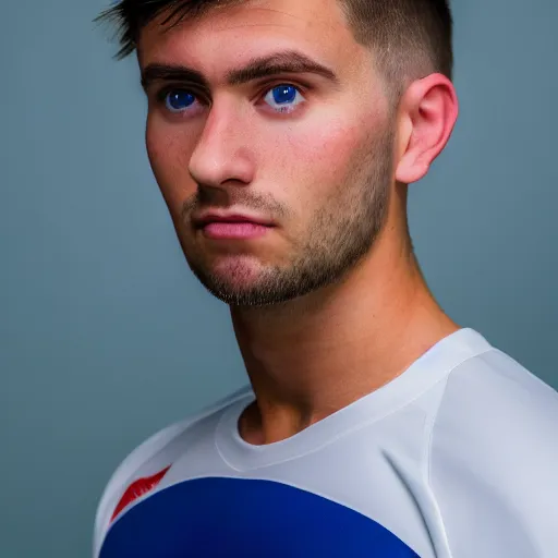 Image similar to a portrait of a young Caucasian man with short brown hair that sticks up in the front, blue eyes, groomed eyebrows, tapered hairline, sharp jawline, wearing a volleyball jersey, sigma 85mm f/1.4, 15mm, 35mm, 4k, high resolution, 4k, 8k, hd, highly detailed, full color, Kodak Kodachrome Film