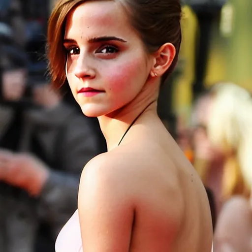 Image similar to emma watson mixed with kim kardashian, full - figure profile shot