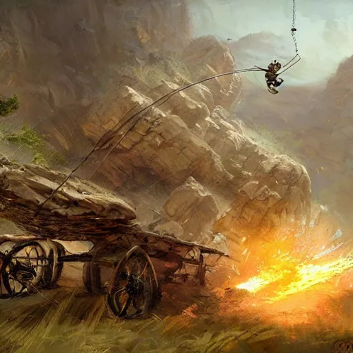 Image similar to a sling catapult machine sending rocks flying, cart wheels, epic fantasy style art by Craig Mullins, fantasy epic digital art