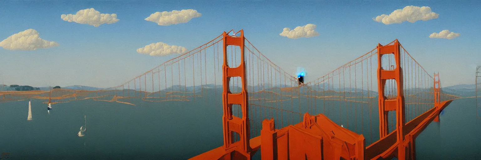 Prompt: Golden Gate Bridge oil painting magritte