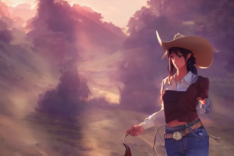 Prompt: cowgirl western girlfriend, scenic full shot, ambient lighting, detailed face, by makoto shinkai, stanley artgerm lau, wlop, rossdraws