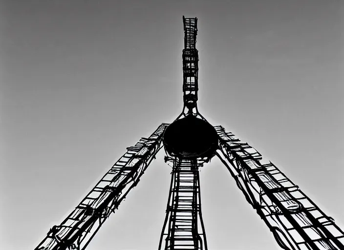 Prompt: black and white photograph with a realistic high - resolution wide - angle lens of the soviet duga - 3 antenna at chernobyl.