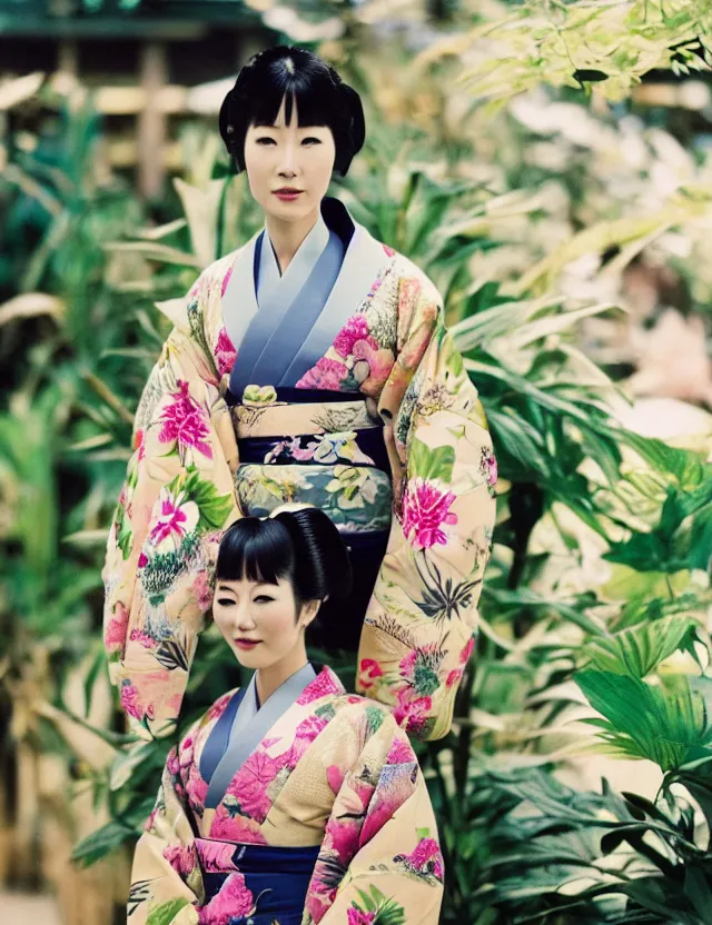 Prompt: fashion photograph of a beautiful Japanese woman wearing a traditional kimono in an tropical greenhouse, by Annie Leibowitz, extremely detailed, large format camera, Fuji Provia film, 85mm lens, bokeh, bokeh, blurred background, photorealistic, trending on instagram, trending on artstation