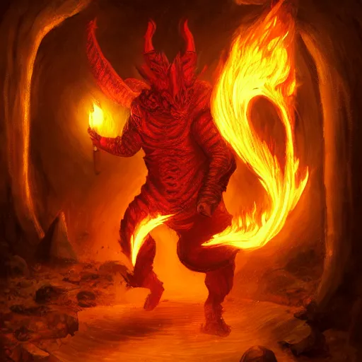 Image similar to A red Dragonborn monk, breathing fire at a huge troll that is climbing out of the Yawning Portal Tavern in Waterdeep, dynamic lighting, low angle, detailed acrylic painting, trending on artstation