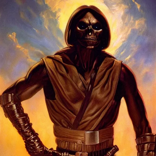 Image similar to ultra realistic portrait painting of skeletor as han solo, art by frank frazetta, 4 k, ultra realistic, highly detailed, epic lighting