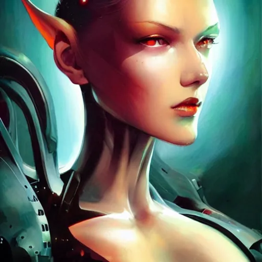 Image similar to beautiful female android by peter andrew jones and akihiko yoshida, rule of thirds, seductive look, beautiful