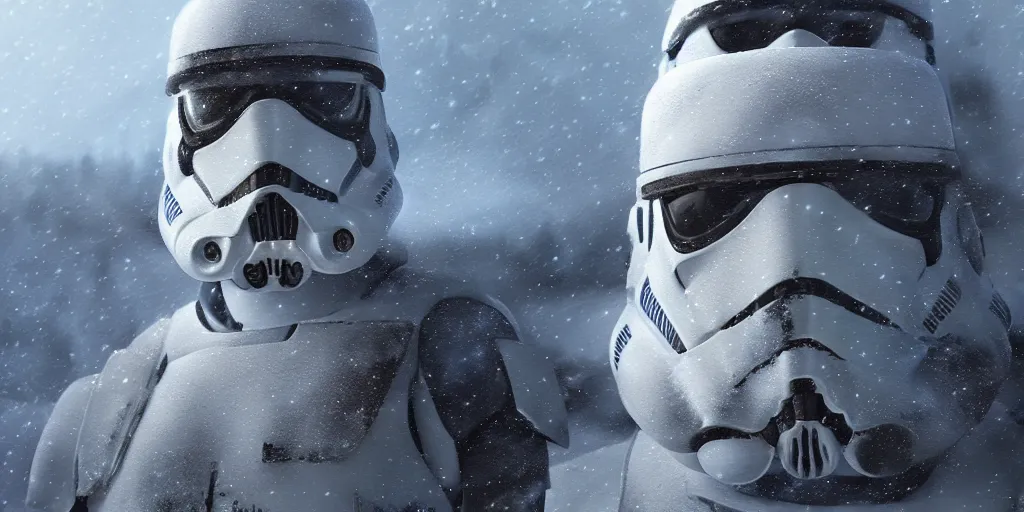 Image similar to star wars snow trooper on a snowy mountain top, greg rutkowski, 8 k, shallow depth of field, intricate detail, concept art,