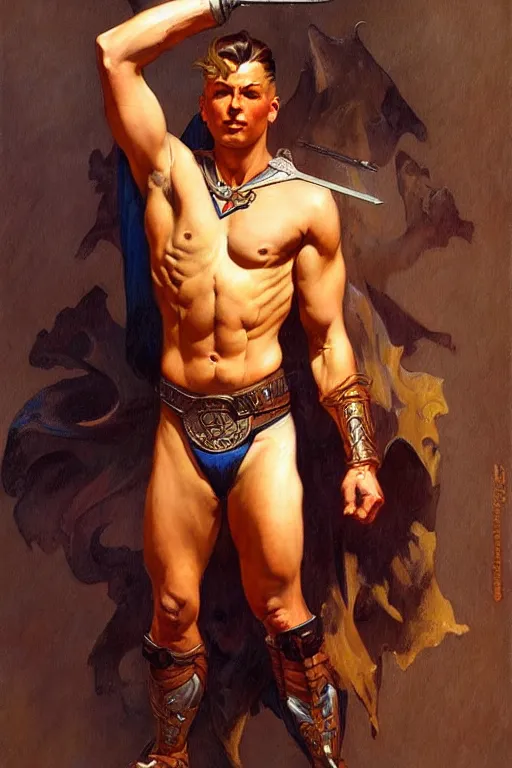 Prompt: warrior, attractive male, character design, painting by j. c. leyendecker, gaston bussiere, frank frazetta, tom of finland, trending on artstation