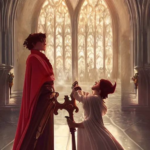 Prompt: an ultra detailed matte painting of a lesbian wedding between evil pyromancer and a red mage, unholy, white church background, detailed face, sharp focus, highly detailed, cinematic lighting, studio quality, colorful, smooth render, vector illustration, octane, rendered, by artgerm, greg rutkowski, alphonse mucha